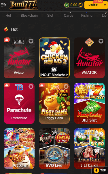 Jami777 game user interface showing the home menu and navigation options and games