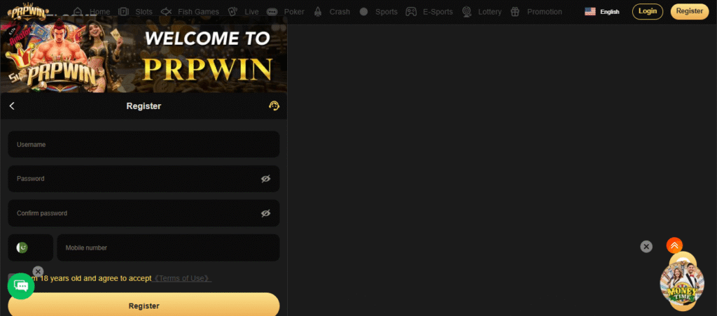 PRP Win Game registration screen with mobile number field, password box, OTP verification option, and a simple interface for creating a new account.