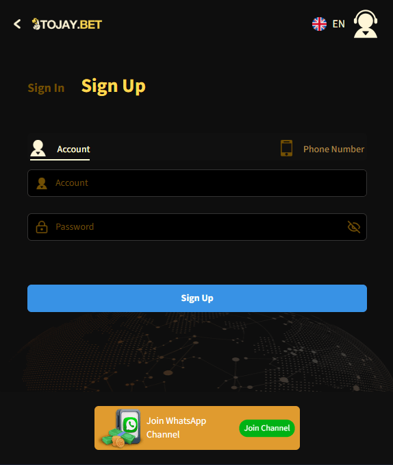 2J Bet Game registration screen showing fields for mobile number, password, and signup options for creating a new account.