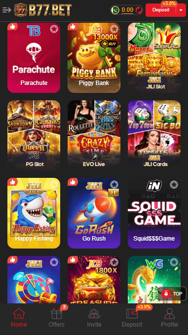 B77 Bet Game user interface page displaying games like pg slots, go rush,jili cards etc