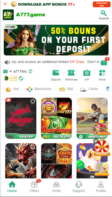 A777 Game app dashboard showing active games, account balance, quick access menu, and user friendly layout on mobile screen