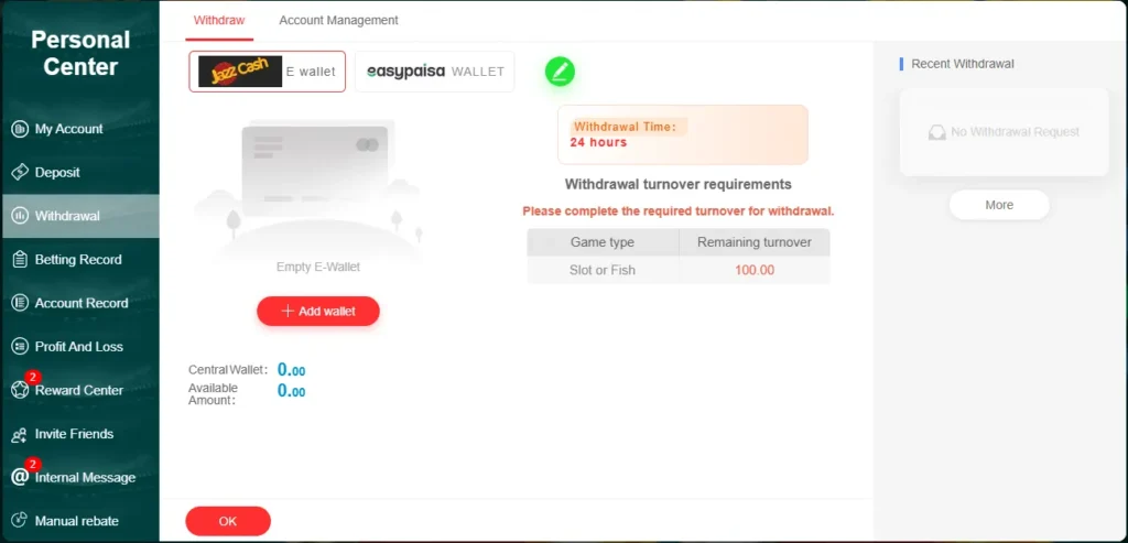 DK11 Game withdrawal screen showing safe withdrawal option with Easypaisa and JazzCash