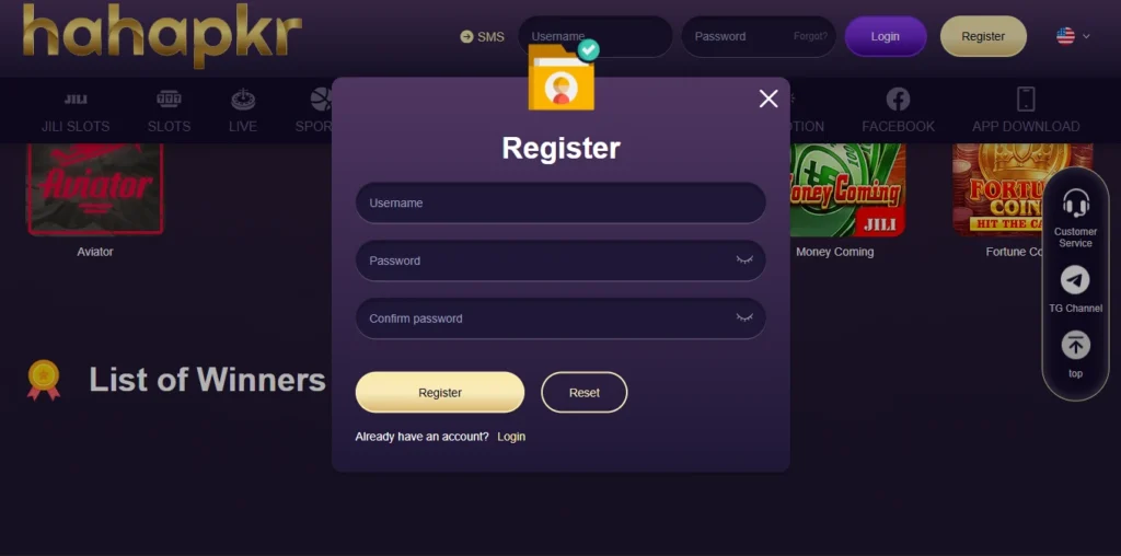 HAHAPKR GAME REGSITRATION  UI Screen shot