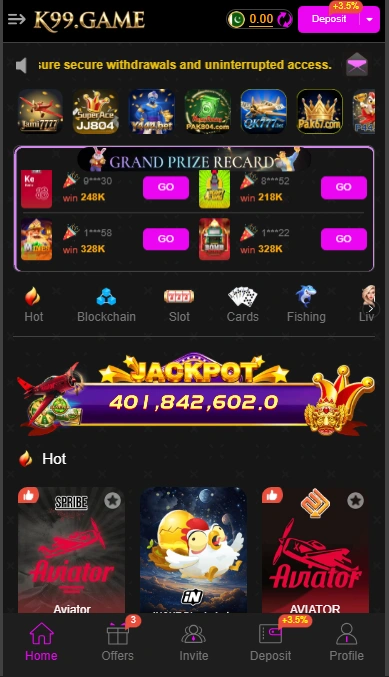 K99 Game dashboard screenshot displaying the main app interface with game options, wallet balance, and easy navigation layout