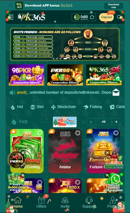 PK365 Gaming app dashboard interface showing balance, games menu and cash and crypto wallet options