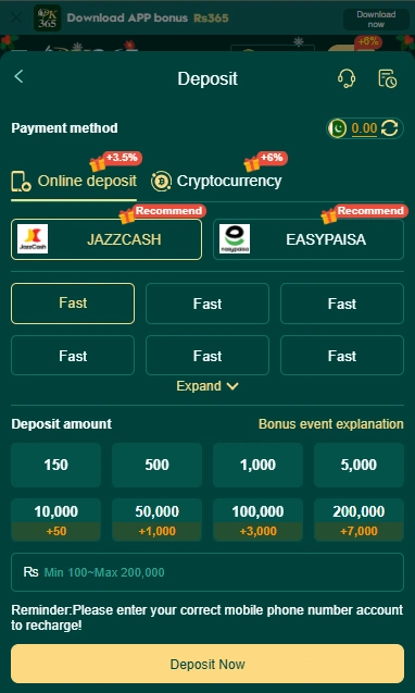 PK625 GAME DEPOSIT screenshot  showing earnings conversion to cash and cryptocurrency with secure payout options