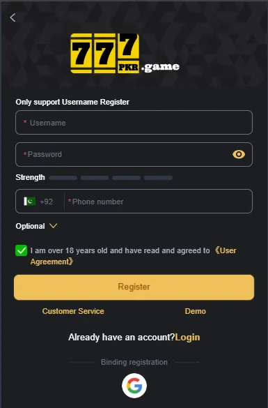 Lucky 777 PKR login screen screenshot with username and password fields