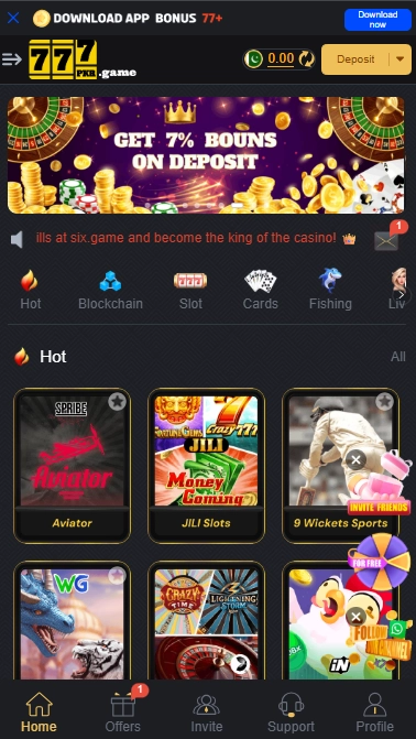 777PKR Game APK dashboard screenshot with featured games and menu layout