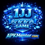 1JJ Game blue theme logo with glowing casino style design and APKMentor.com branding.