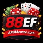 “88EF gaming logo with red and white text on a black background, featuring poker chips, playing cards, dice, coins, and a red banner displaying APKMentor.com