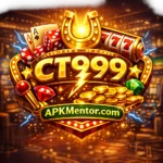 CT999 casino game logo with gold 3D text, horseshoe, dice, playing cards, slot reel, coins, and APKMentor.com banner.