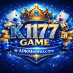 gold K1177 GAME logo with crown, casino cards/dice/coins, and APKMentor.com written on the bottom ribbon.