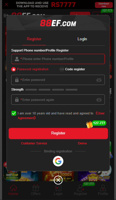 88EF Game registration screen displaying mobile number entry, password setup, and simple sign-up steps for new users