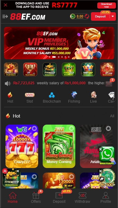 88EF Game dashboard showing account overview, wallet balance, game shortcuts, and quick access options in a clean mobile interface