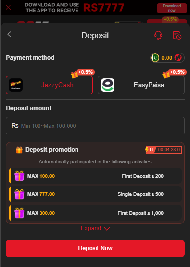 88EF Game deposit page showing wallet top-up options, payment methods, and amount selection inside the app
