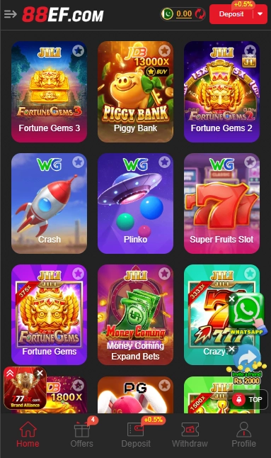 88EF Game collection screen showing multiple games including cards, slots, dice, and other playable options in one app