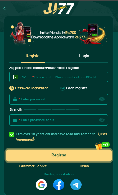 JJ77 Game registration screen showing phone/email signup, password setup, age confirmation checkbox, and quick sign-in options with Google, Facebook, and Telegram.