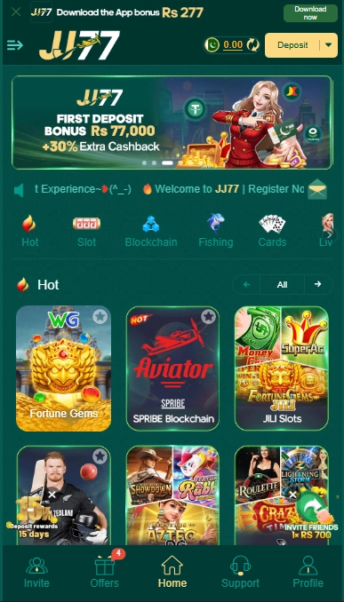 JJ77 Game home screen displaying first deposit bonus banner, wallet balance, deposit button, and game categories like slots, blockchain, fishing, and cards.