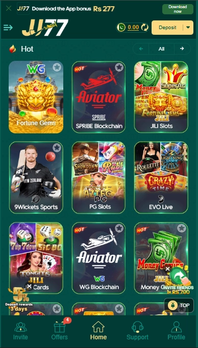 JJ77 Game games lobby showing popular titles including Fortune Gems, Aviator, PG Slots, EVO Live, sports, and card games in a grid layout.
