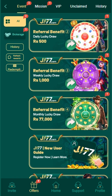 JJ77 Game offers section highlighting referral benefits, daily and weekly lucky draw rewards, VIP missions, cashback history, and user rewards dashboard.