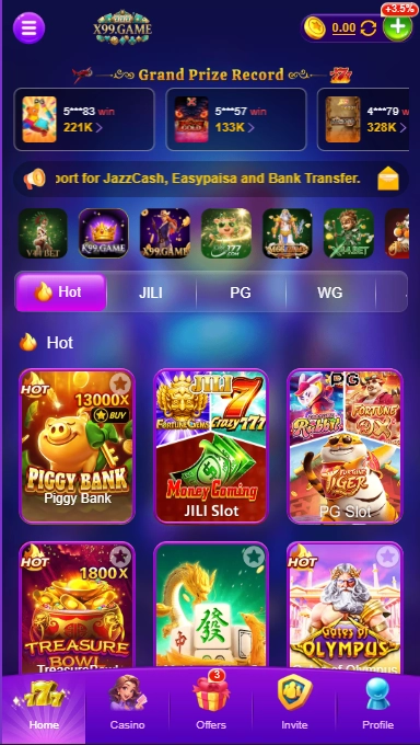 X99 GAME deposit page showing payment methods (online deposit and cryptocurrency), PKR JazzCash and PKR EasyPaisa options, and selectable deposit amounts in a purple interface.