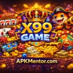 X99 GAME jackpot-style logo artwork with gold crown, 777 slot machine, dice, cards, coins, and “APKMentor.com” text at the bottom on a glowing casino background.