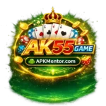 AK55 GAME logo with gold 3D text, crown, playing cards, chips and coins on a glowing green background, with APKMentor.com label at the bottom