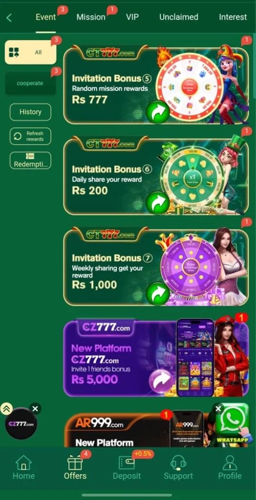 CT777 game promotion screen highlighting bonuses, rewards offers, special events, and casino promotions available in the CT777 app