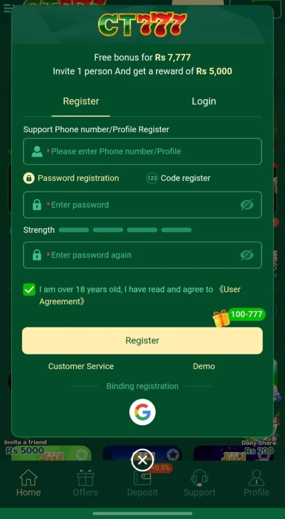 CT777 game registration screen displaying sign up form, mobile login fields, and quick account creation process in the CT777 APK
