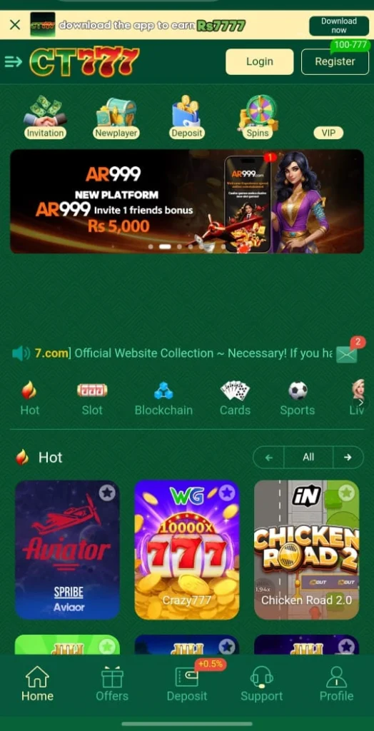 CT777 game dashboard showing casino game options, slot games, live cards, wallet balance, and main navigation inside the CT777 Android app