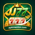 JJ77 Game logo icon with gold “JJ77” text on a green background, a crown on top, slot machine showing 777, flying plane graphic, coin stacks, and “apkmentor.com” written at the bottom.