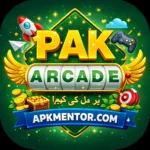 PAK Arcade game logo with golden arcade text, gaming icons, coins, wings, and APKMENTOR.COM branding