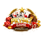 PK1947 GAME logo with gold 3D text, playing cards, red dice, roulette wheel, poker chips, and ‘APKMentor.com’ written at the bottom on a dark glowing background.