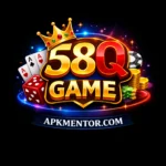58Q Game logo with crown, cards, dice, chips, and coins, featuring APKMENTOR.COM on the bottom banner