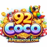 92 Coco Game logo with colorful gold coins, slot machine symbols, treasure chest, and parrot mascot branding for APKMentor.com