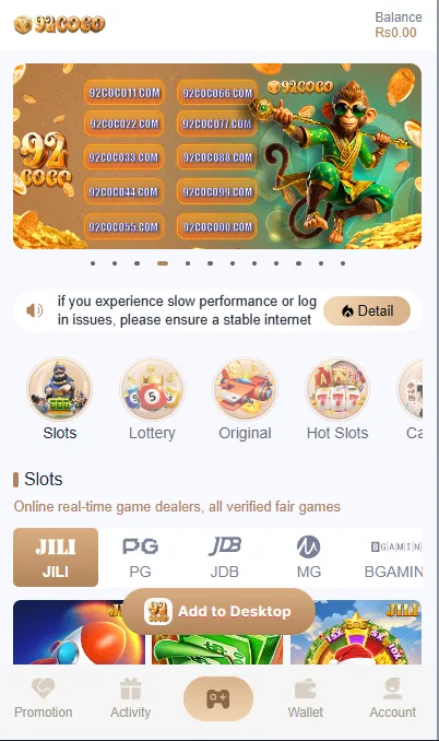 92 Coco Game home screen with slots, lottery, JILI games, wallet balance, and online real-time game categories interface