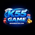 K55 Game official blue casino logo featuring K55 GAME text with playing cards, dice, poker chips, and coins, branded with APKMENTOR.COM